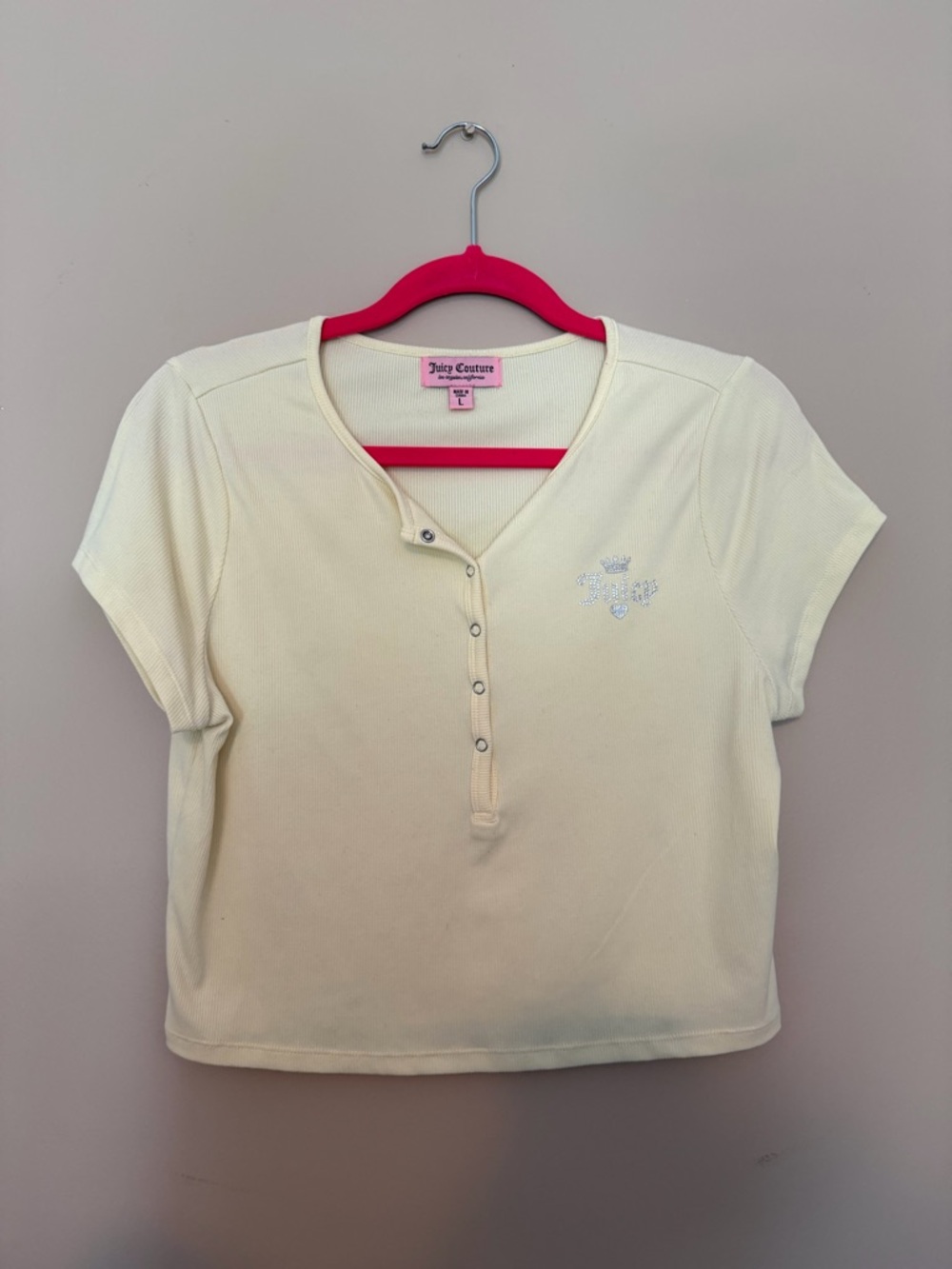 Juicy Couture Cream Short Sleeve Snap Henley Top with Crystal Logo